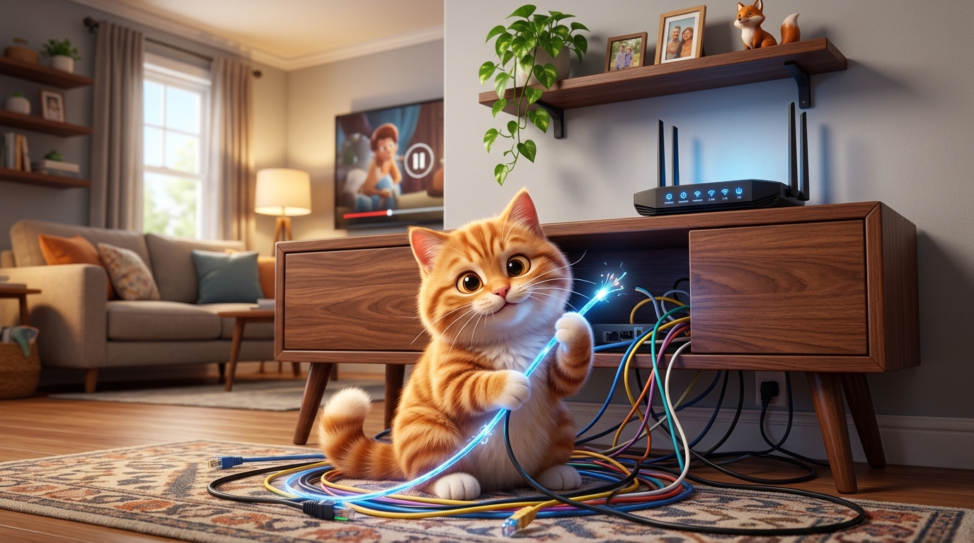 Кот Барсик играет со светящимся оптоволоконным кабелем у ТВ-тумбы